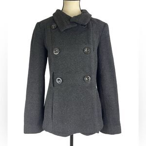 Zara basics black short wool blend coat sz M front buttons Flaw miss belt/ tear